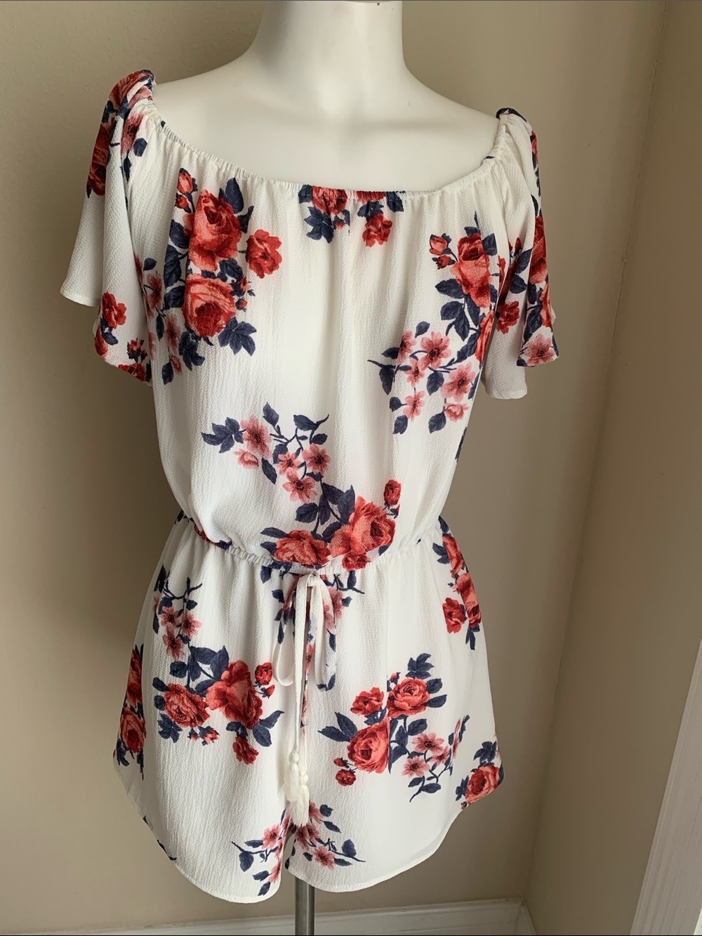 Forever 21 White Floral Off-Shoulder Romper with Red and Navy Roses